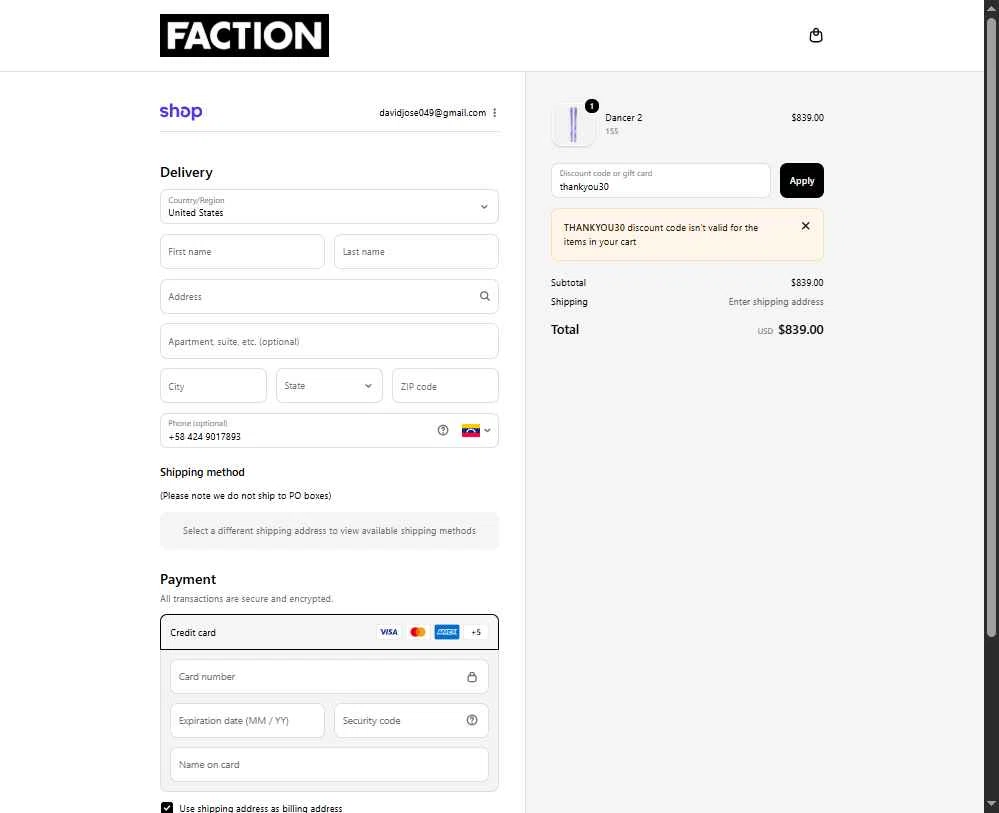 Faction Skis checkout page showing Faction Skis discount code box | Screenshot taken by SimplyCodes community member on Nov 2, 2025