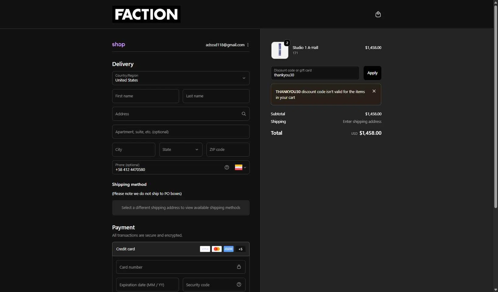 Faction Skis checkout page showing Faction Skis discount code box | Screenshot taken by SimplyCodes community member on Oct 24, 2025