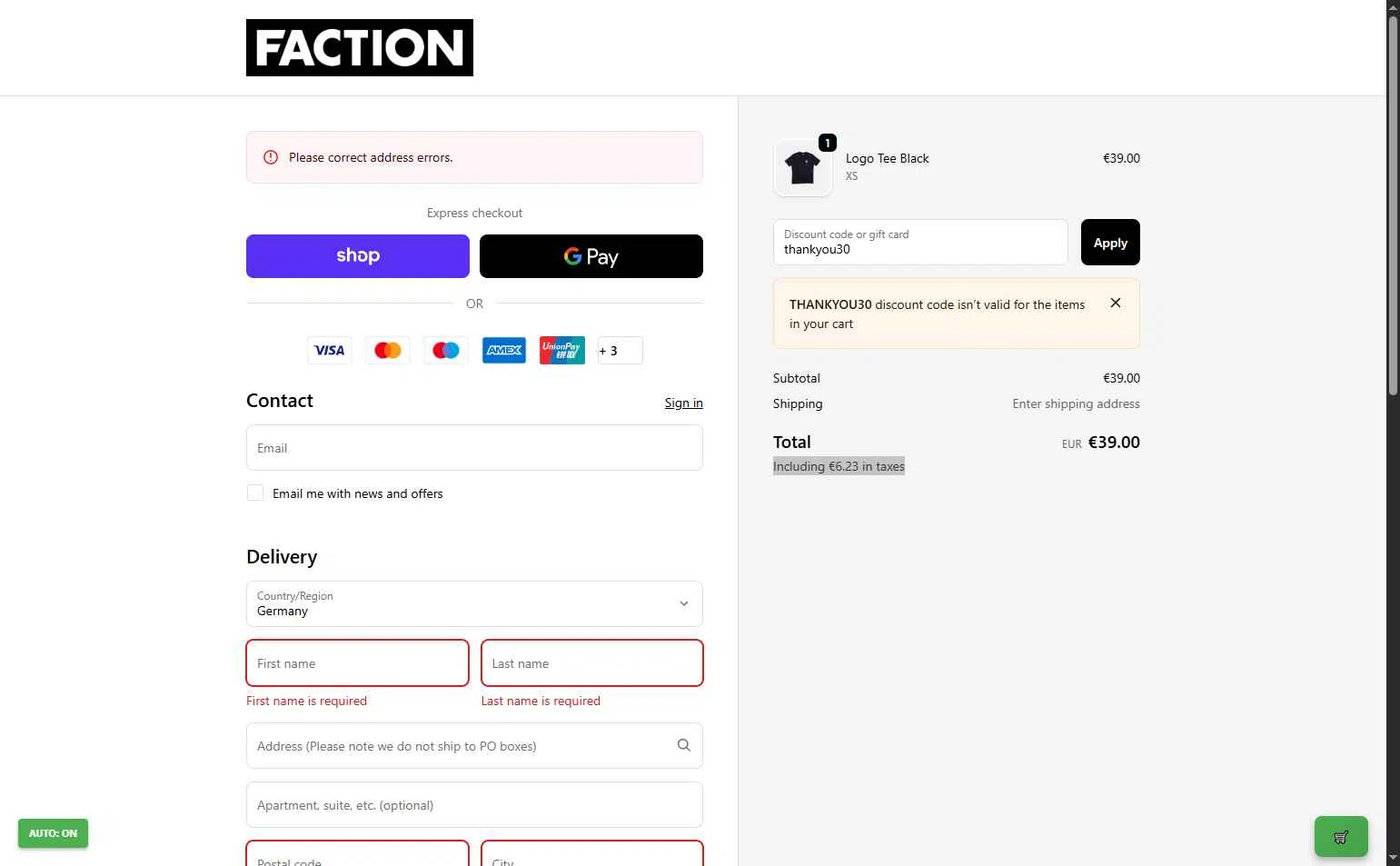 Faction Skis checkout page showing Faction Skis discount code box | Screenshot taken by SimplyCodes community member on Dec 2, 2025