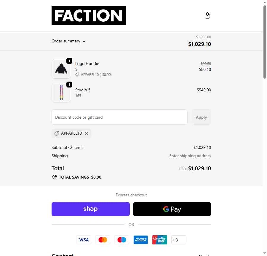 Faction Skis checkout page showing Faction Skis discount code box | Screenshot taken by SimplyCodes community member on Nov 2, 2025