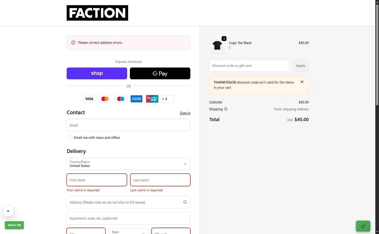 Faction Skis checkout page showing Faction Skis discount code box | Screenshot taken by SimplyCodes community member on Jan 9, 2026