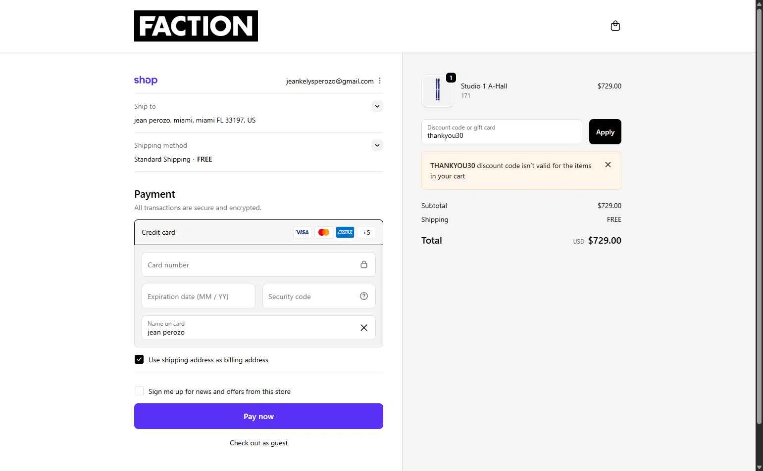 Faction Skis checkout page showing Faction Skis discount code box | Screenshot taken by SimplyCodes community member on Oct 24, 2025