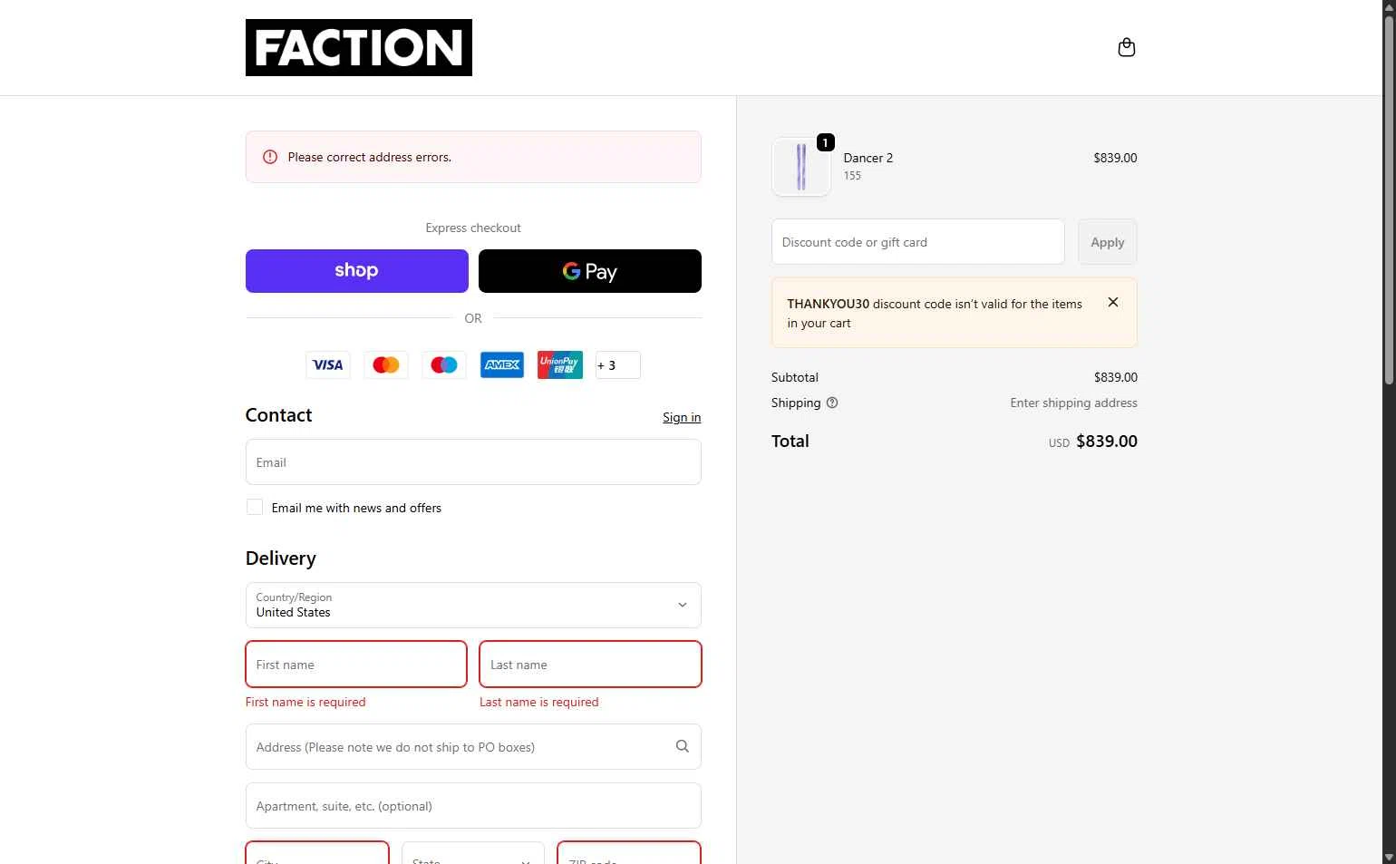 Faction Skis checkout page showing Faction Skis discount code box | Screenshot taken by SimplyCodes community member on Jan 22, 2026