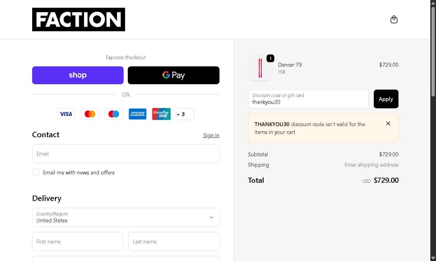 Faction Skis checkout page showing Faction Skis discount code box | Screenshot taken by SimplyCodes community member on Nov 2, 2025