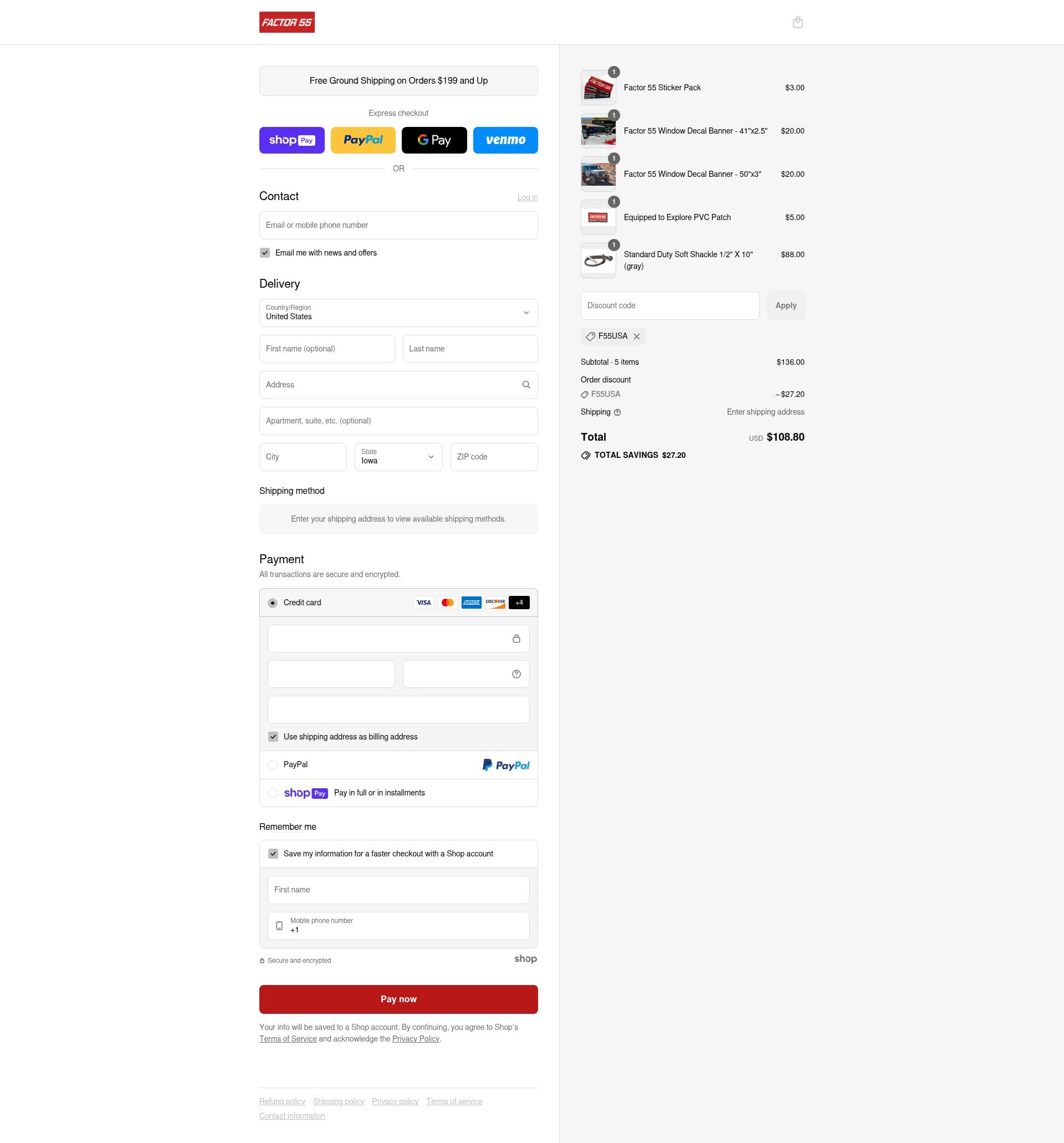 Factor 55 checkout page showing Factor 55 discount code box | Screenshot taken by SimplyCodes community member on Jul 6, 2025