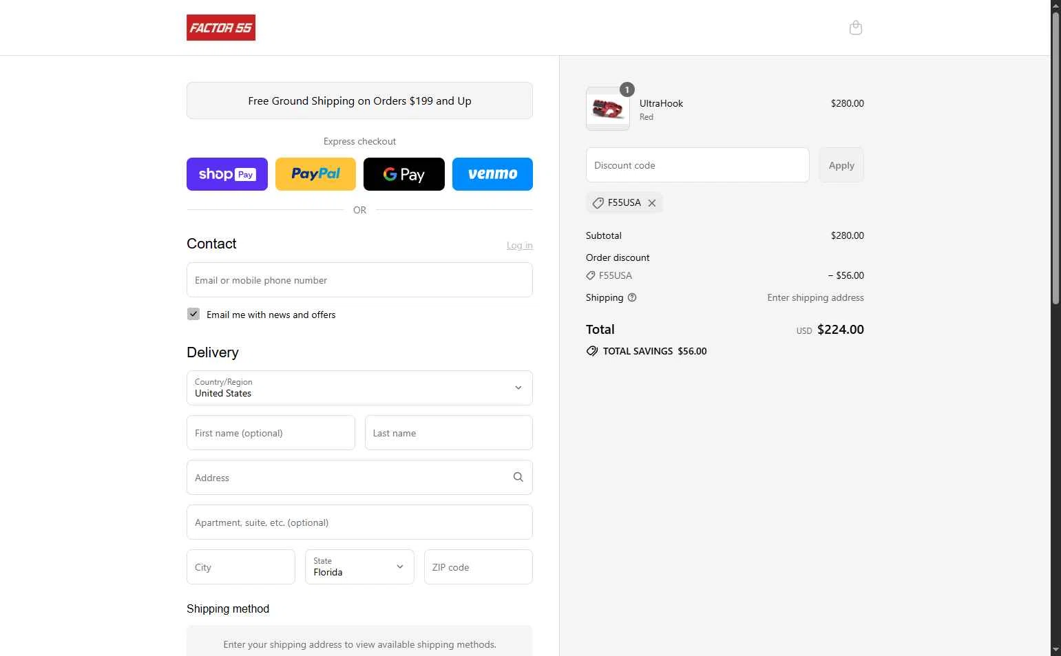Factor 55 checkout page showing Factor 55 discount code box | Screenshot taken by SimplyCodes community member on Jul 3, 2025