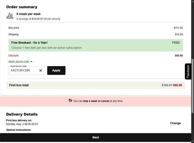 Factor75 checkout page showing Factor75 promo code box | Screenshot taken by SimplyCodes community member on Jul 26, 2025