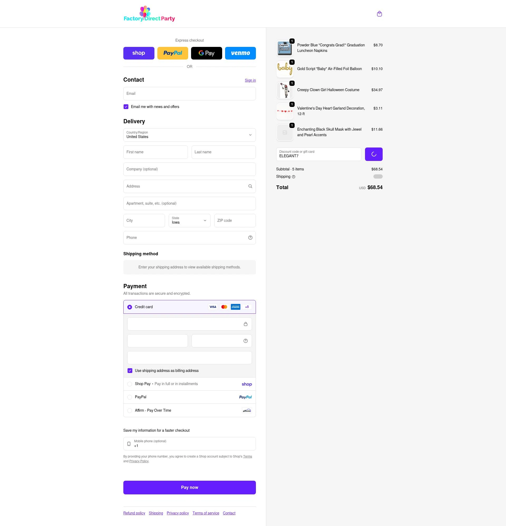 Factory Direct Party checkout page showing Factory Direct Party discount code box | Screenshot taken by SimplyCodes community member on Feb 10, 2026