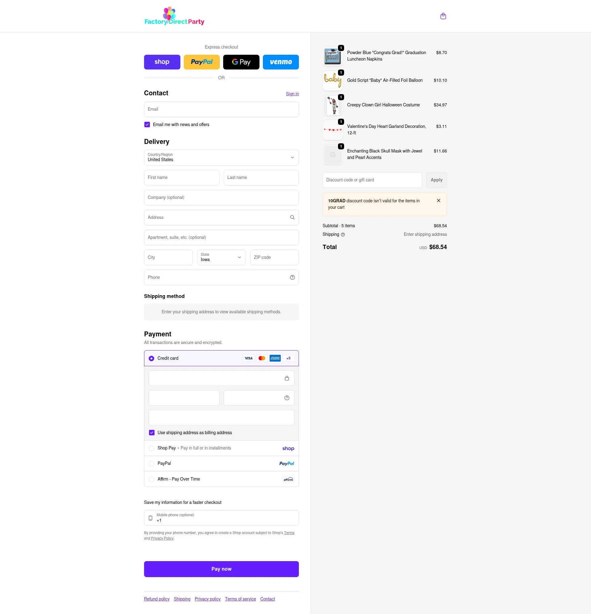 Factory Direct Party checkout page showing Factory Direct Party discount code box | Screenshot taken by SimplyCodes community member on Feb 10, 2026