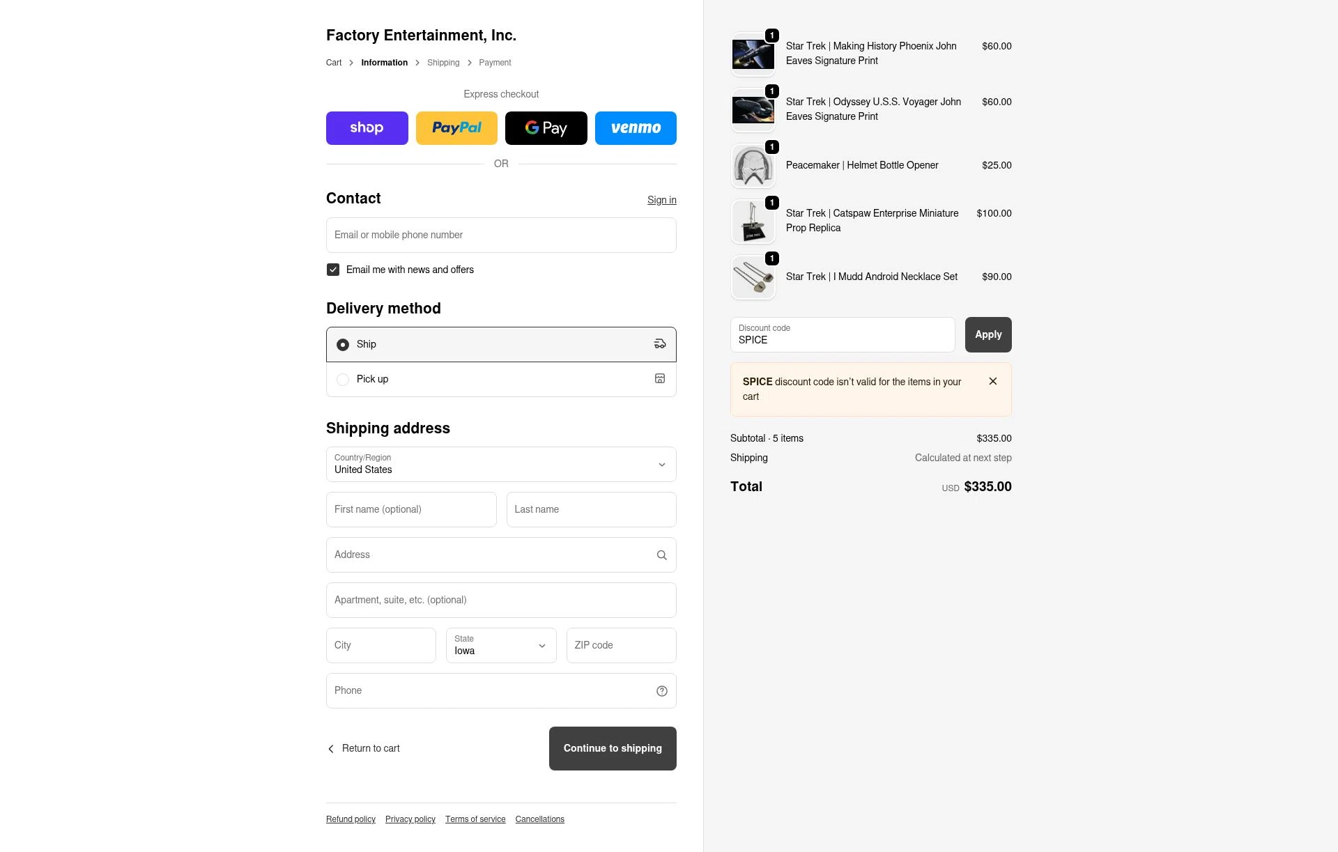 Factory Entertainment checkout page showing Factory Entertainment discount code box | Screenshot taken by SimplyCodes community member on Nov 18, 2025