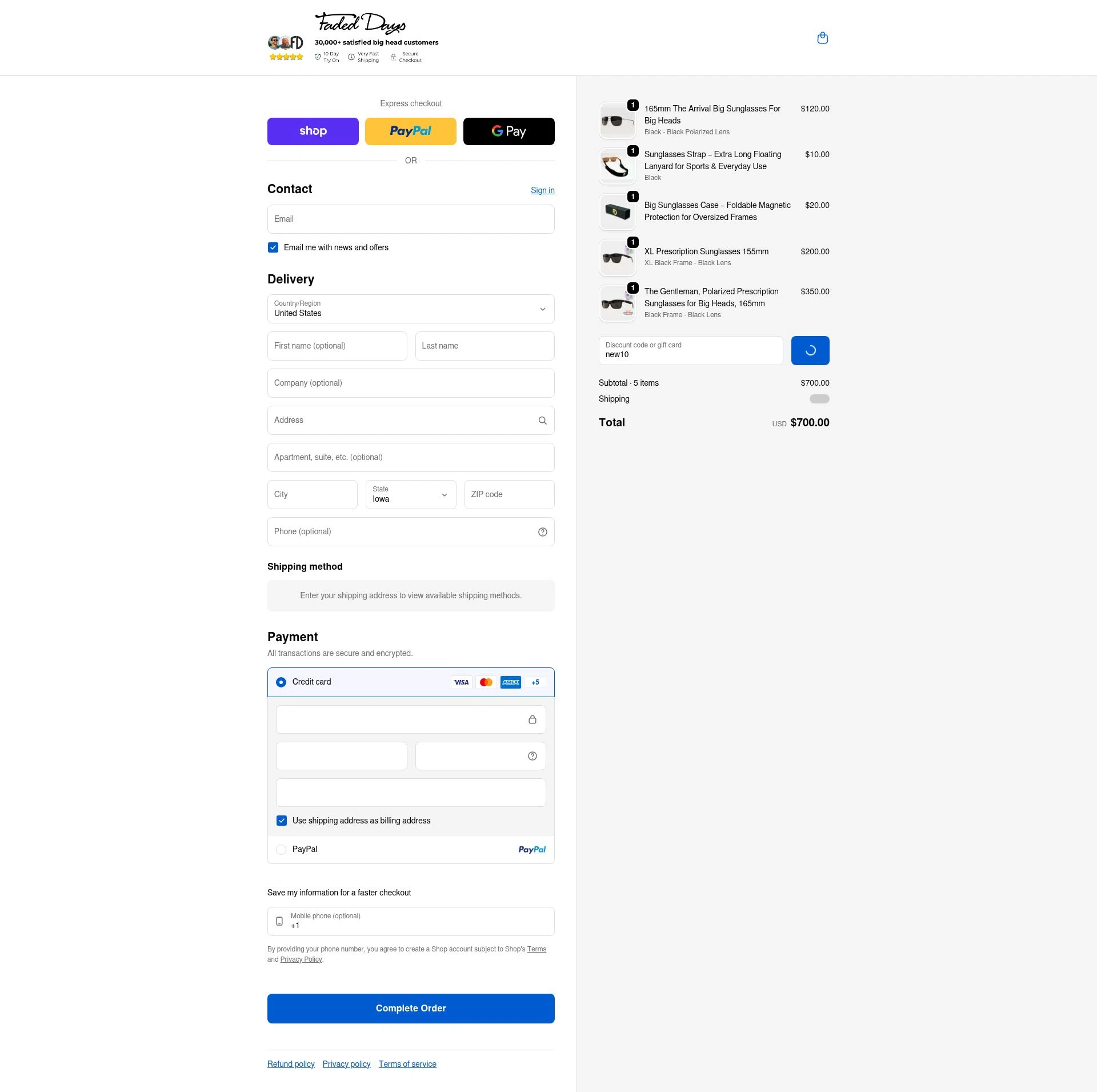 Faded Days checkout page showing Faded Days discount code box | Screenshot taken by SimplyCodes community member on Feb 21, 2026