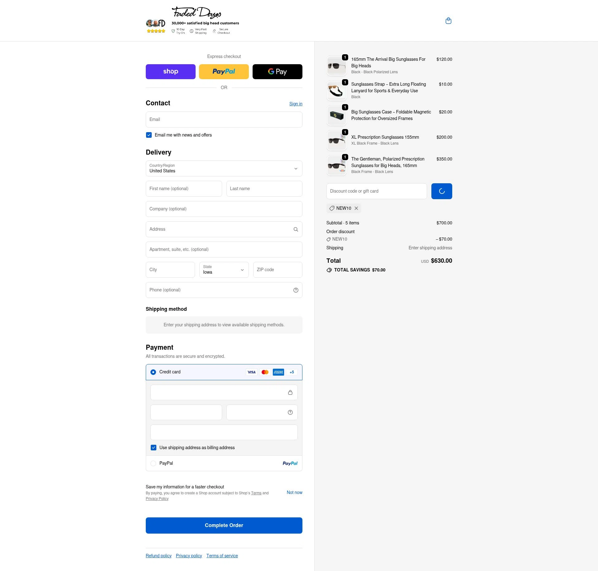 Faded Days checkout page showing Faded Days discount code box | Screenshot taken by SimplyCodes community member on Feb 16, 2026