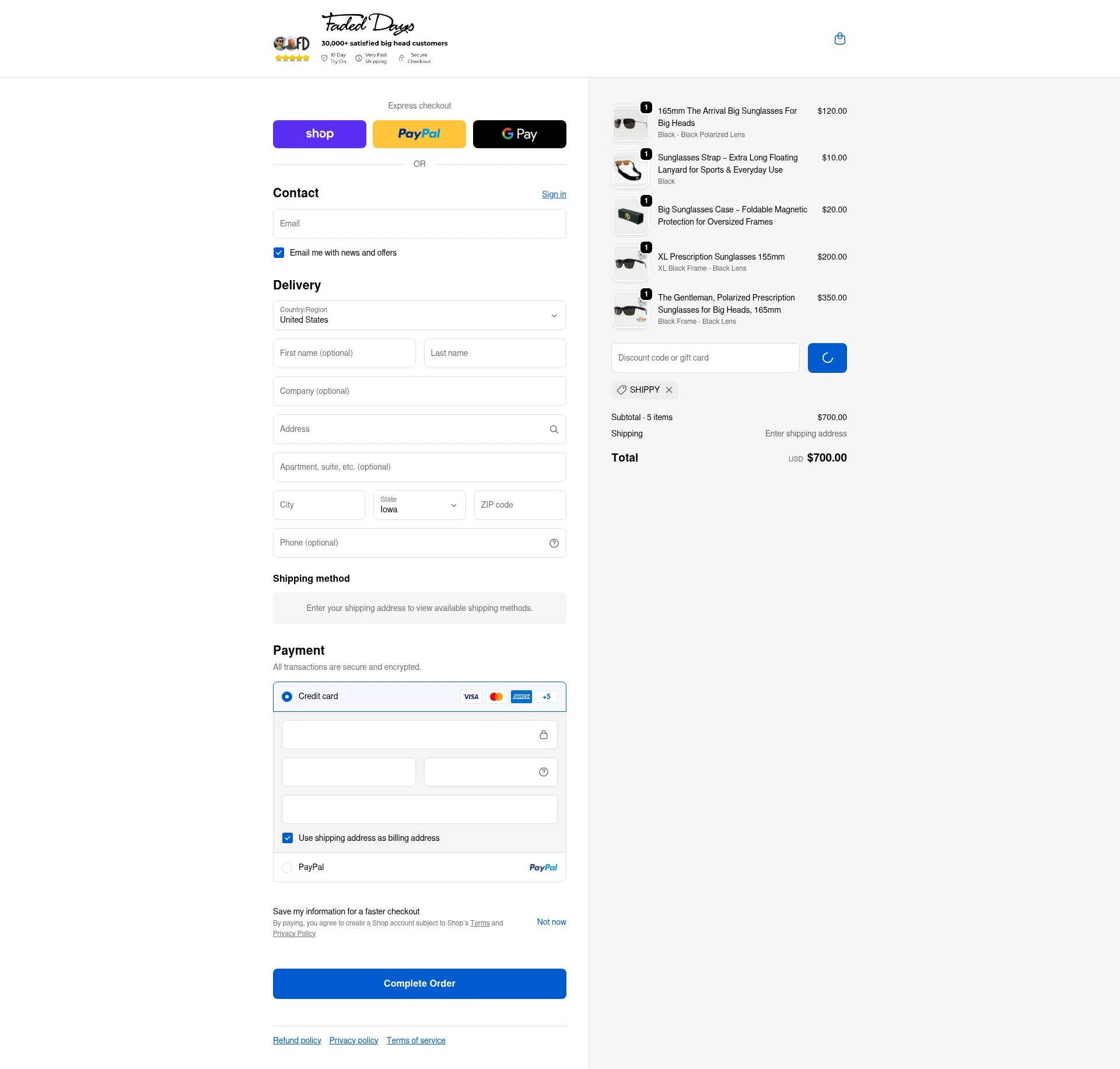 Faded Days checkout page showing Faded Days discount code box | Screenshot taken by SimplyCodes community member on Feb 16, 2026