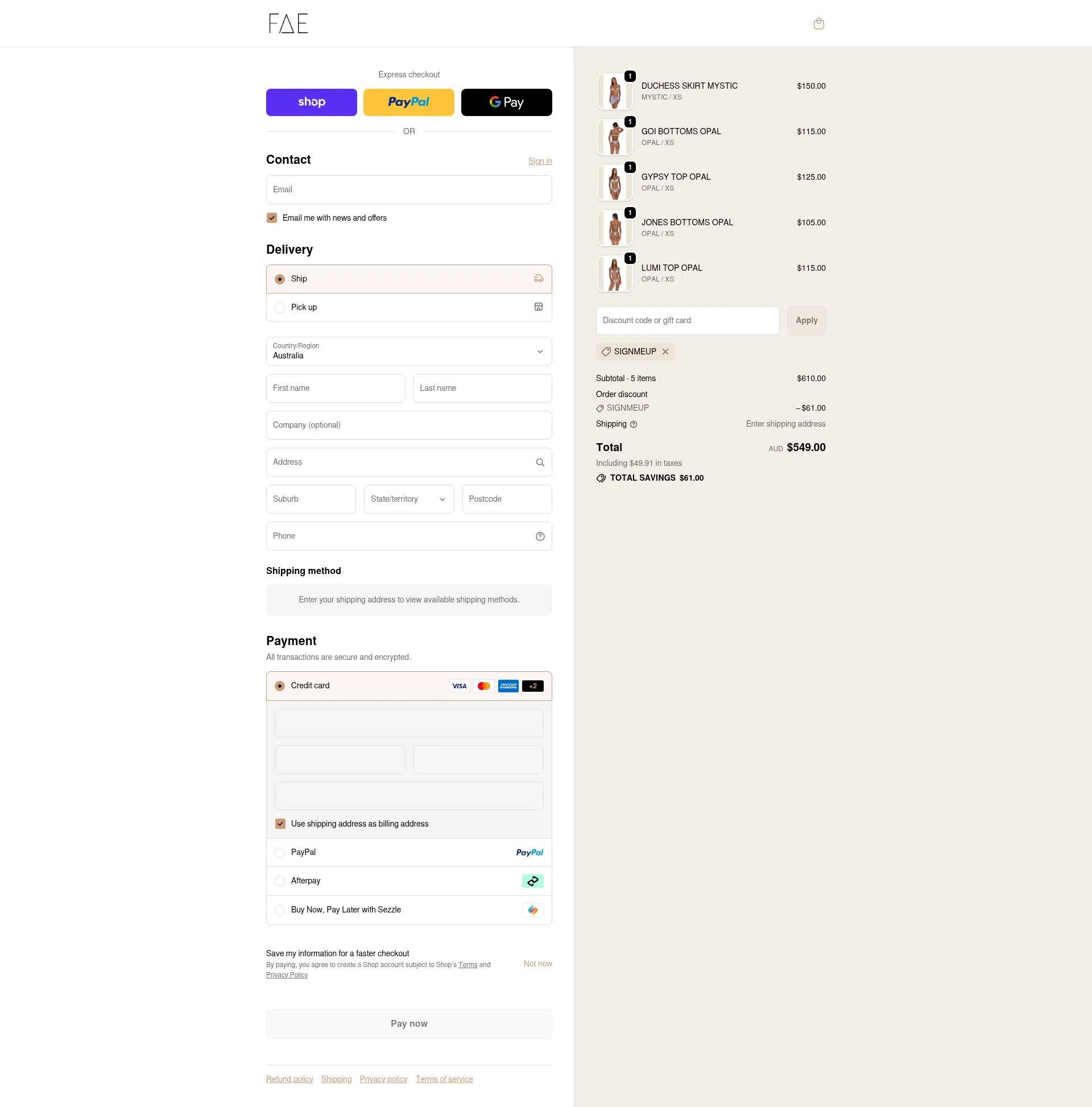 FAE checkout page showing FAE promo code box | Screenshot taken by SimplyCodes community member on Feb 17, 2026