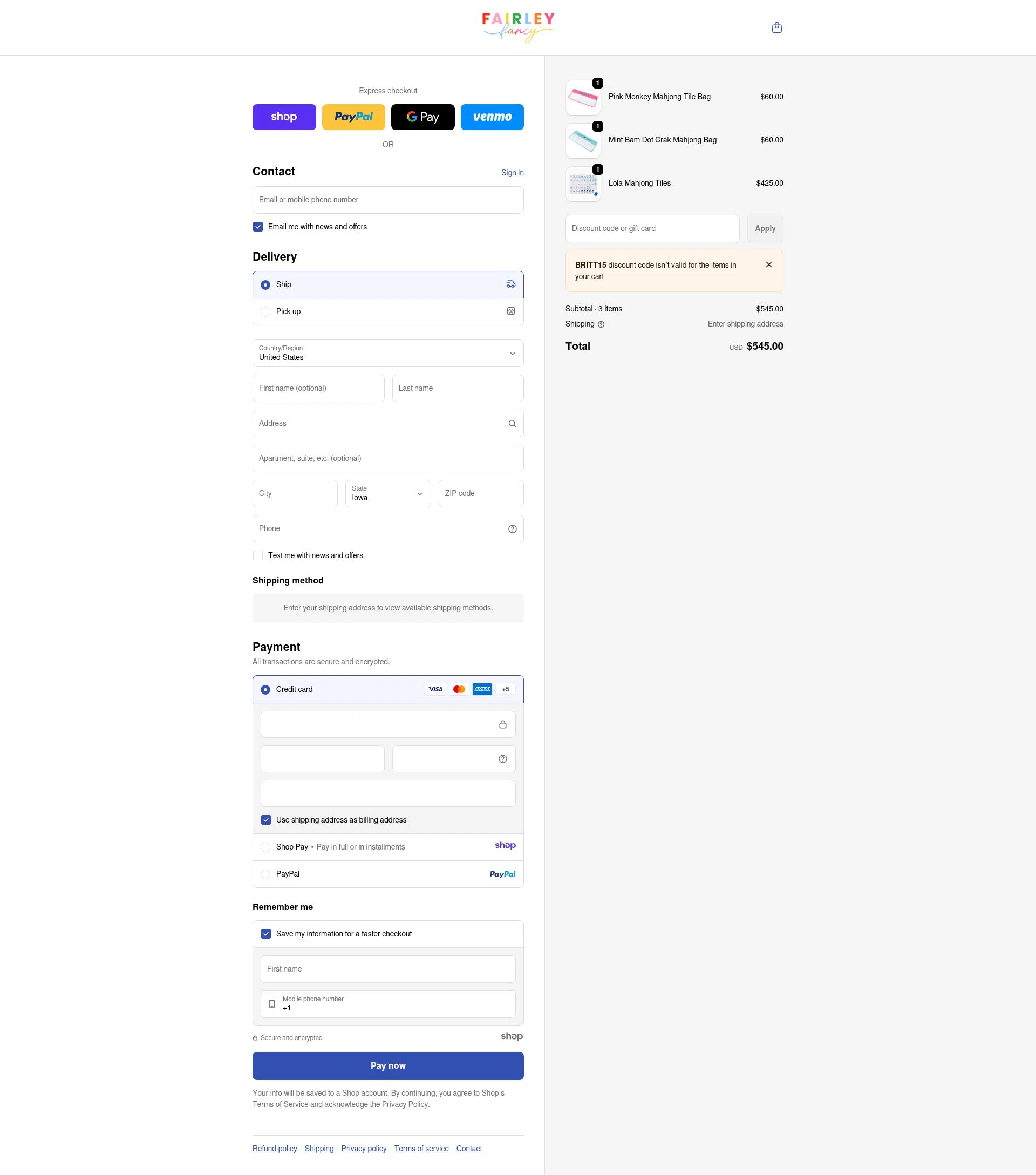 Fairley Fancy checkout page showing Fairley Fancy promo code box | Screenshot taken by SimplyCodes community member on Jan 8, 2026