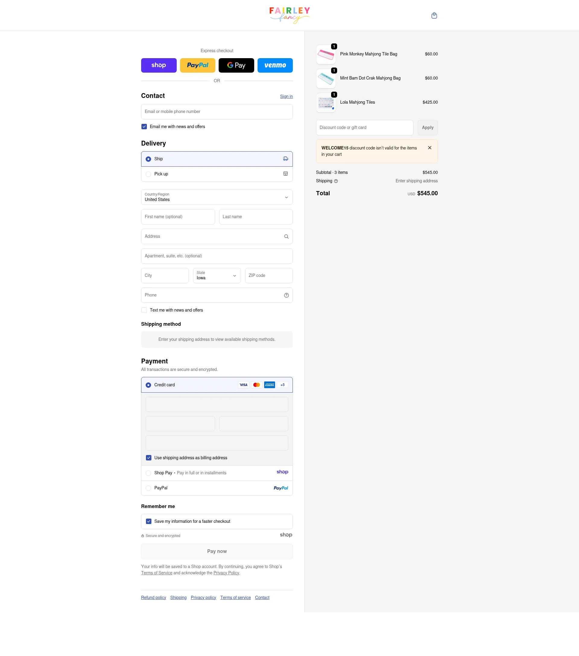 Fairley Fancy checkout page showing Fairley Fancy promo code box | Screenshot taken by SimplyCodes community member on Jan 8, 2026