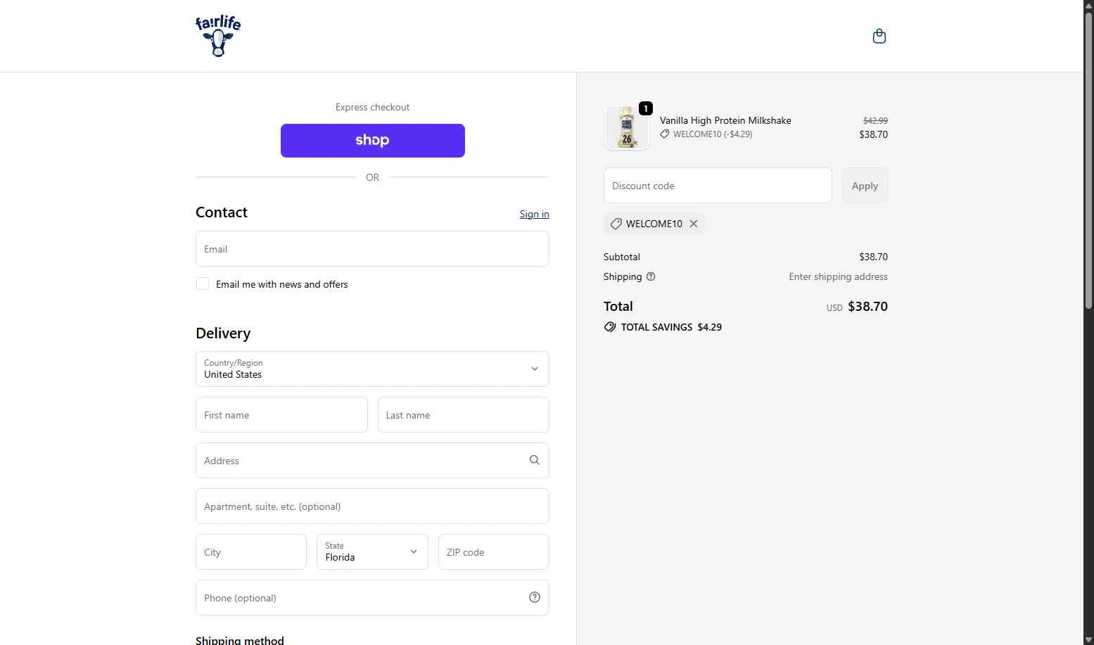 Fairlife checkout page showing Fairlife discount code box | Screenshot taken by SimplyCodes community member on Nov 8, 2025