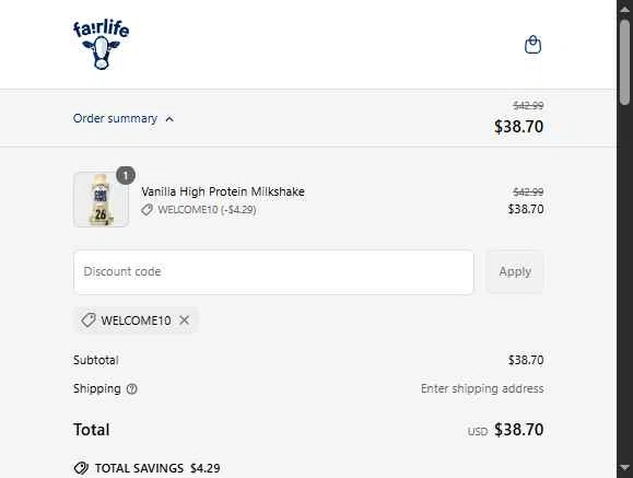 Fairlife checkout page showing Fairlife discount code box | Screenshot taken by SimplyCodes community member on Jun 26, 2025
