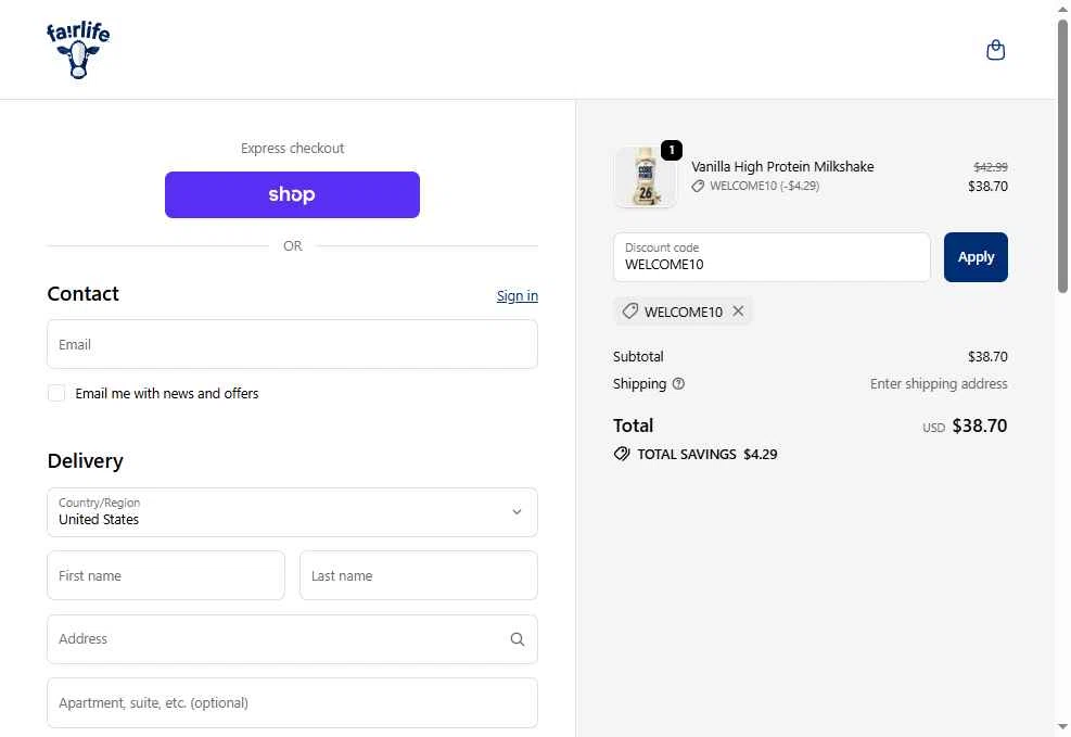 Fairlife checkout page showing Fairlife discount code box | Screenshot taken by SimplyCodes community member on Nov 8, 2025