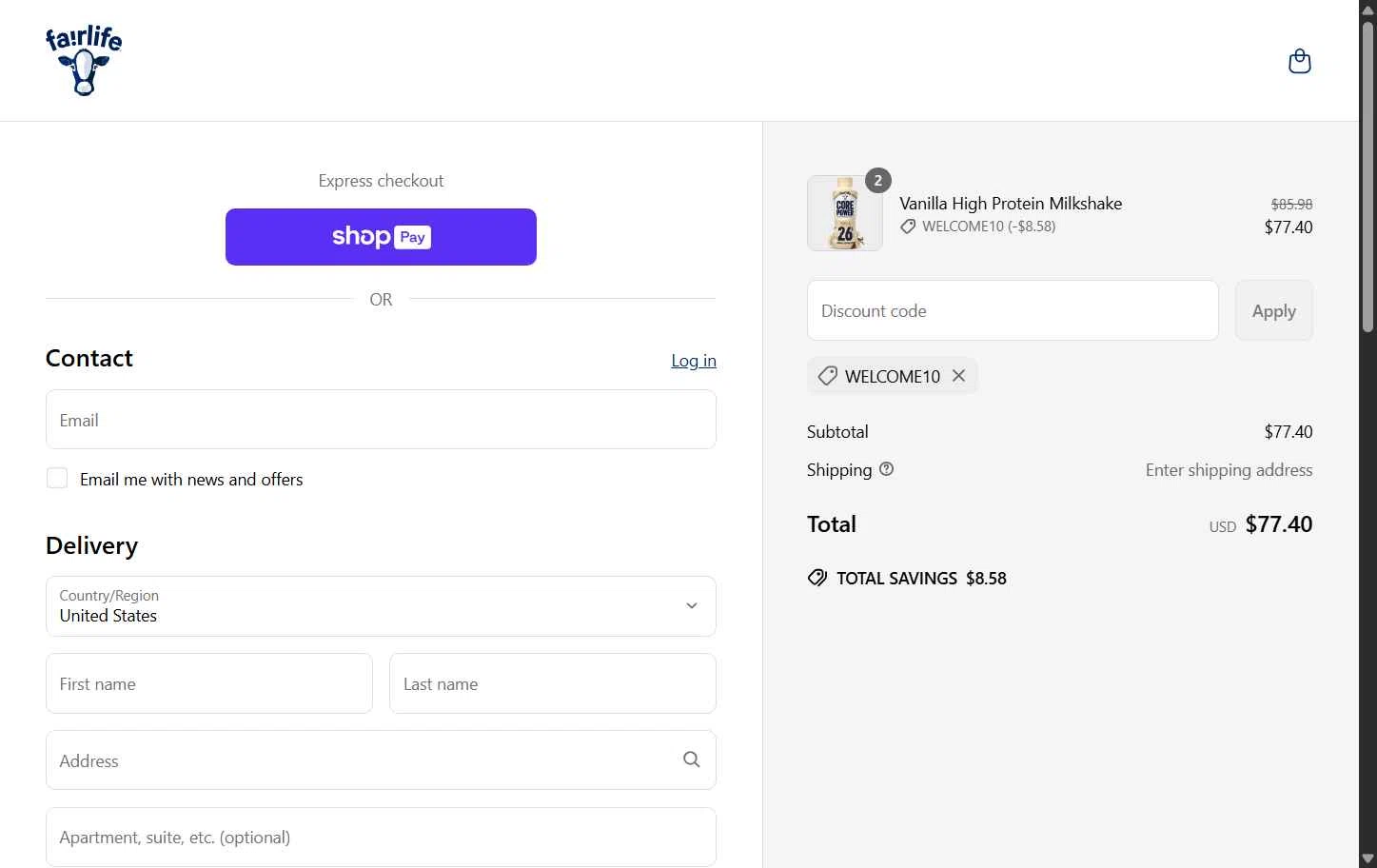 Fairlife checkout page showing Fairlife discount code box | Screenshot taken by SimplyCodes community member on May 29, 2025
