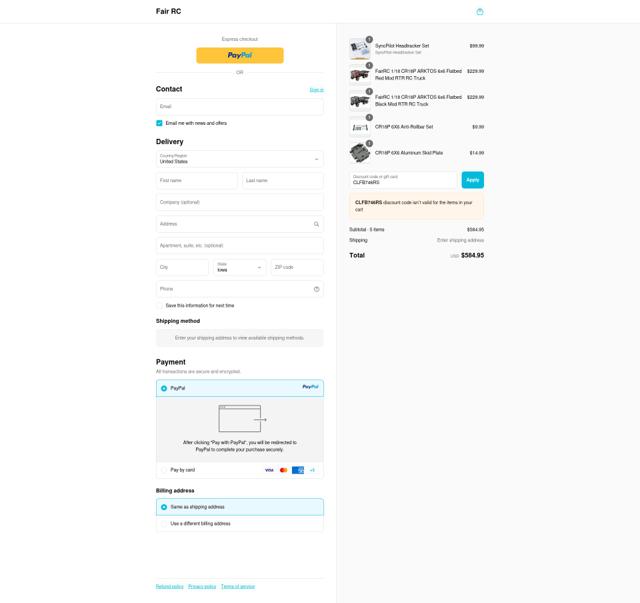 Fair RC checkout page showing Fair RC discount code box | Screenshot taken by SimplyCodes community member on Sep 14, 2025