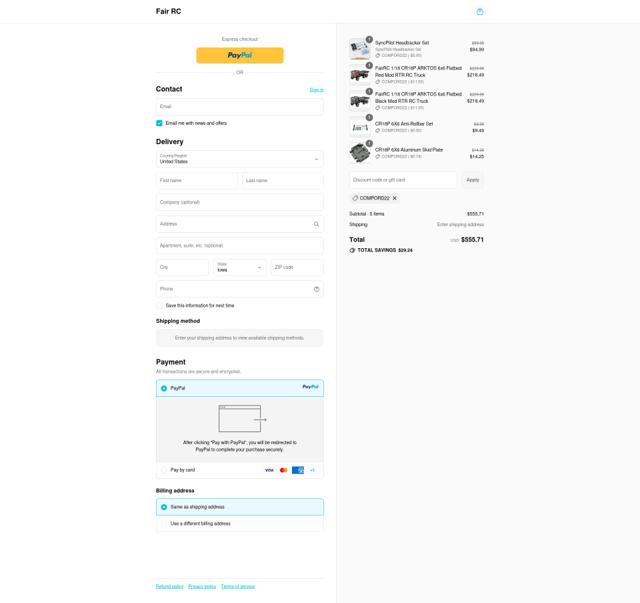 Fair RC checkout page showing Fair RC discount code box | Screenshot taken by SimplyCodes community member on Sep 14, 2025