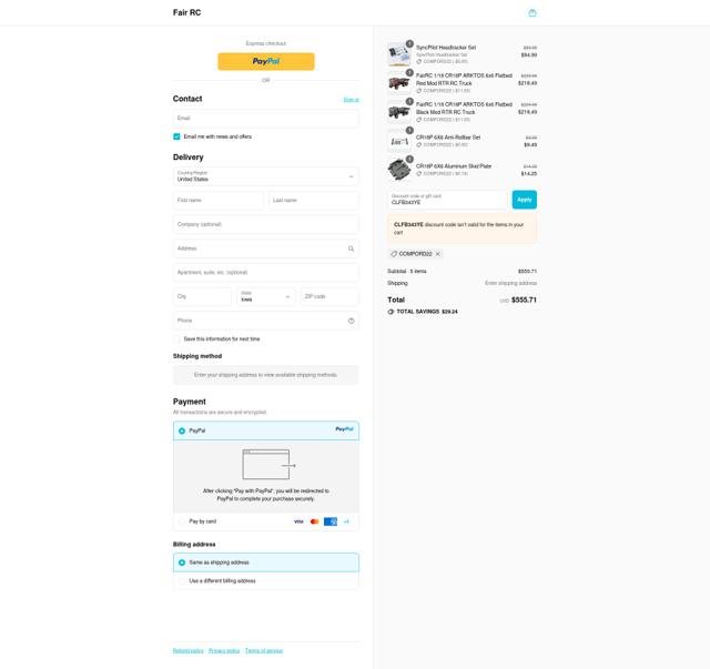 Fair RC checkout page showing Fair RC discount code box | Screenshot taken by SimplyCodes community member on Sep 10, 2025