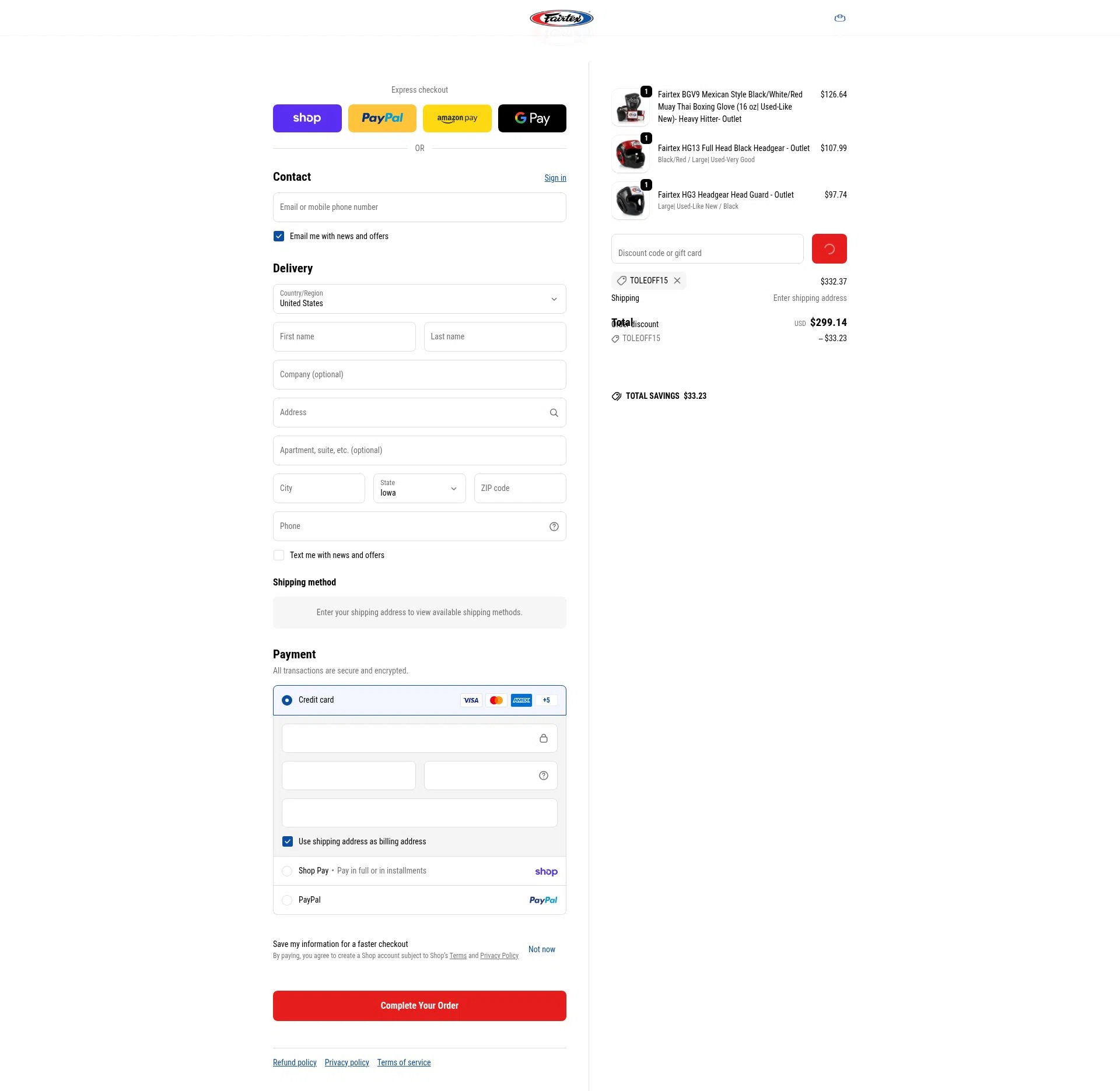 Fairtex Store checkout page showing Fairtex Store promo code box | Screenshot taken by SimplyCodes community member on Feb 16, 2026