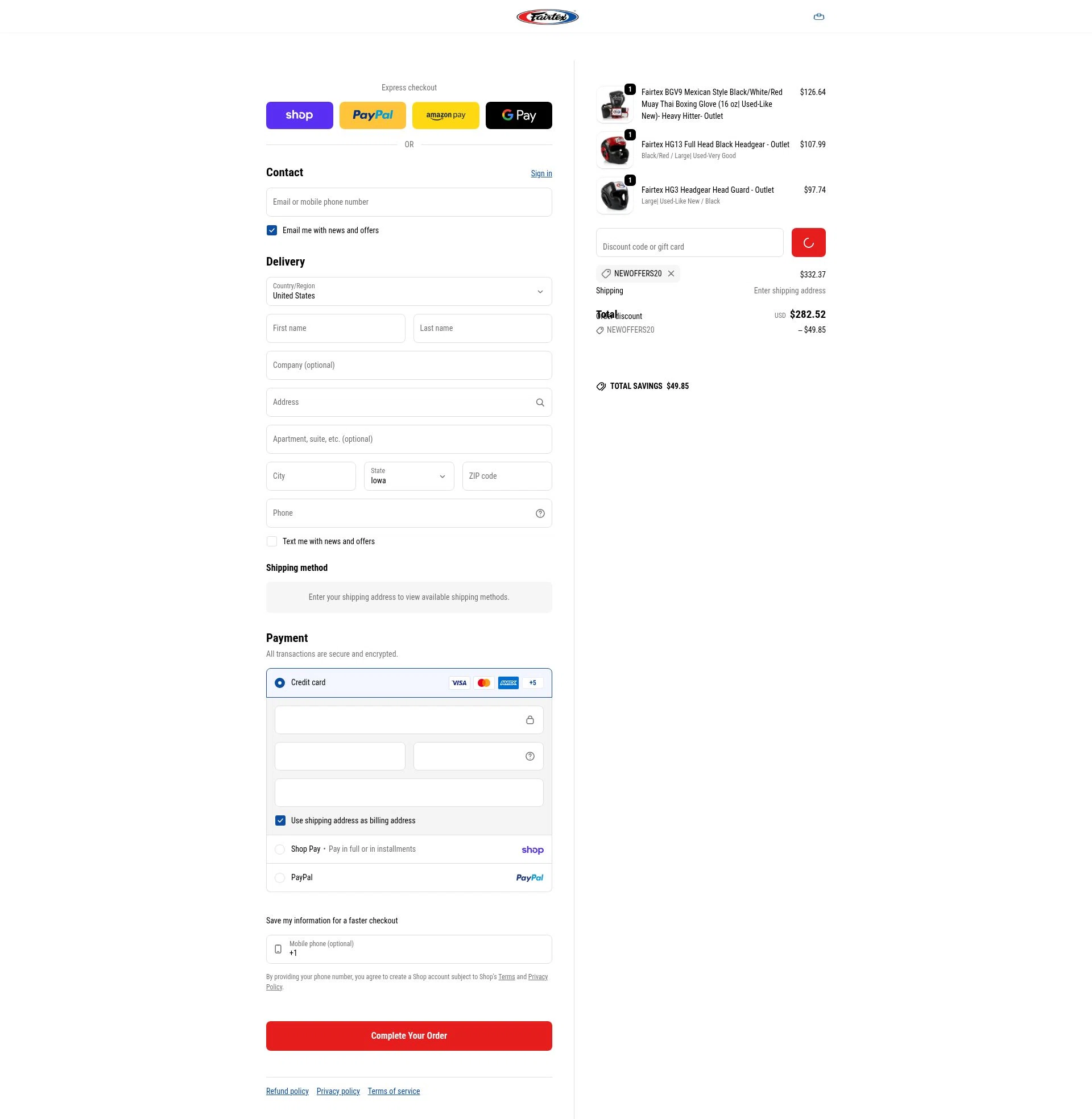 Fairtex Store checkout page showing Fairtex Store promo code box | Screenshot taken by SimplyCodes community member on Feb 16, 2026