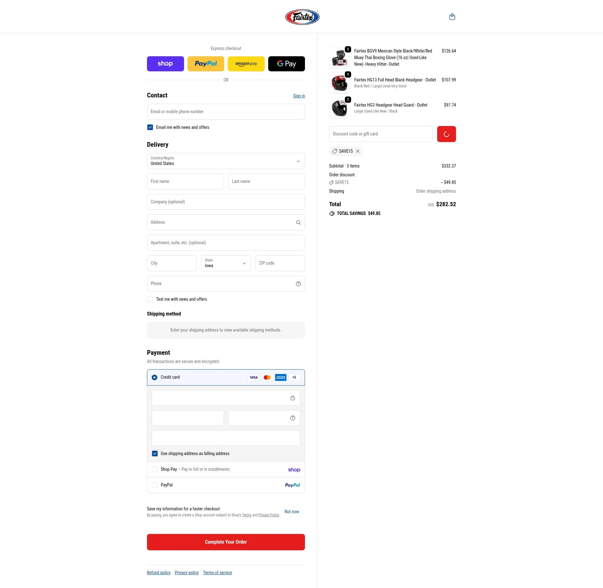 Fairtex Store checkout page showing Fairtex Store promo code box | Screenshot taken by SimplyCodes community member on Feb 17, 2026