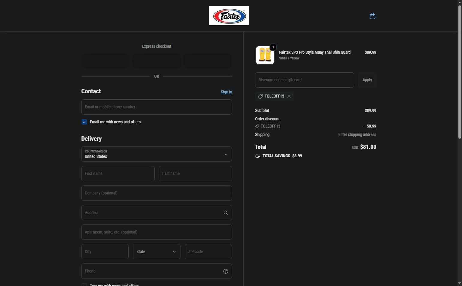 Fairtex Store checkout page showing Fairtex Store promo code box | Screenshot taken by SimplyCodes community member on Feb 15, 2026