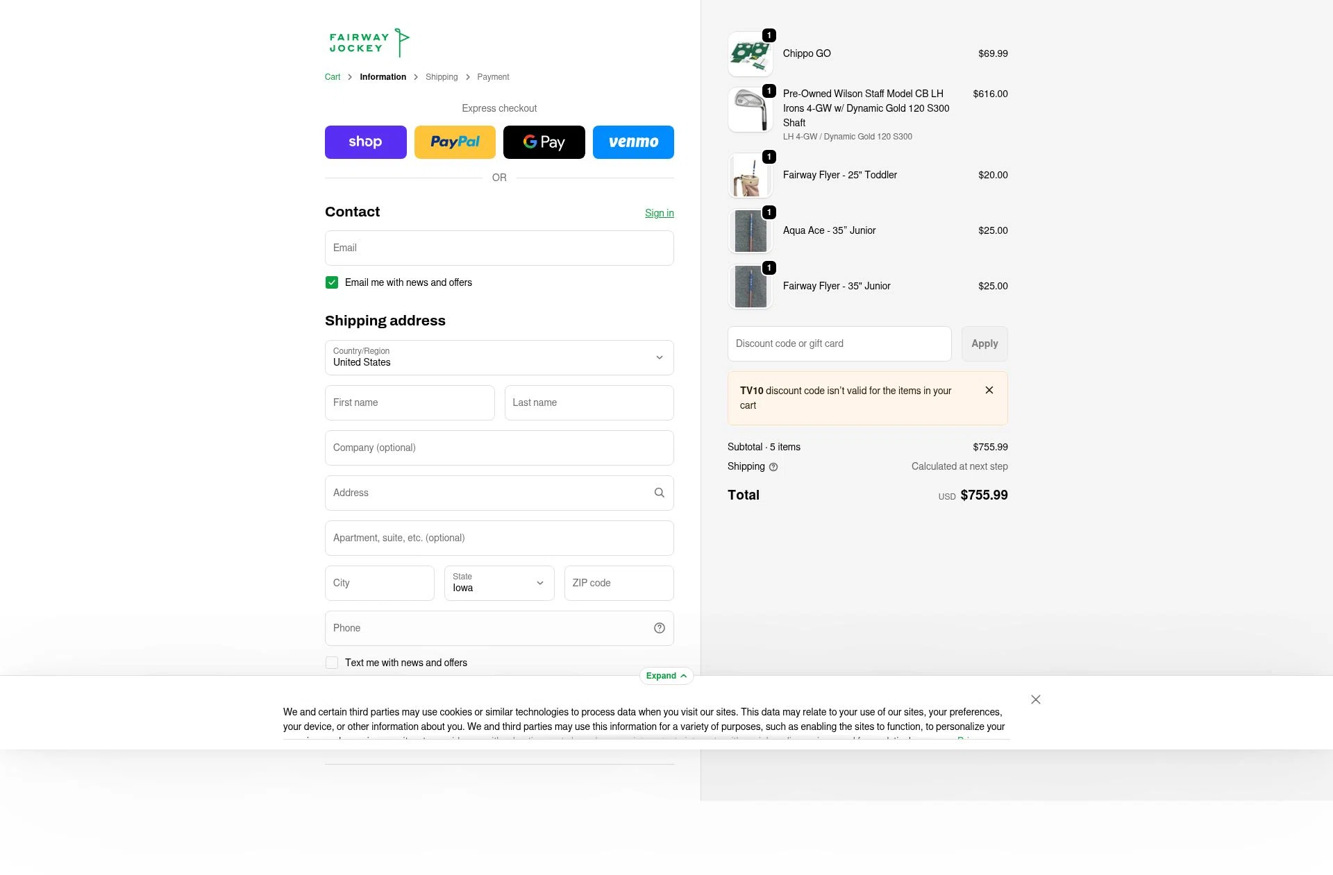Fairway Jockey checkout page showing Fairway Jockey discount code box | Screenshot taken by SimplyCodes community member on Jan 29, 2026