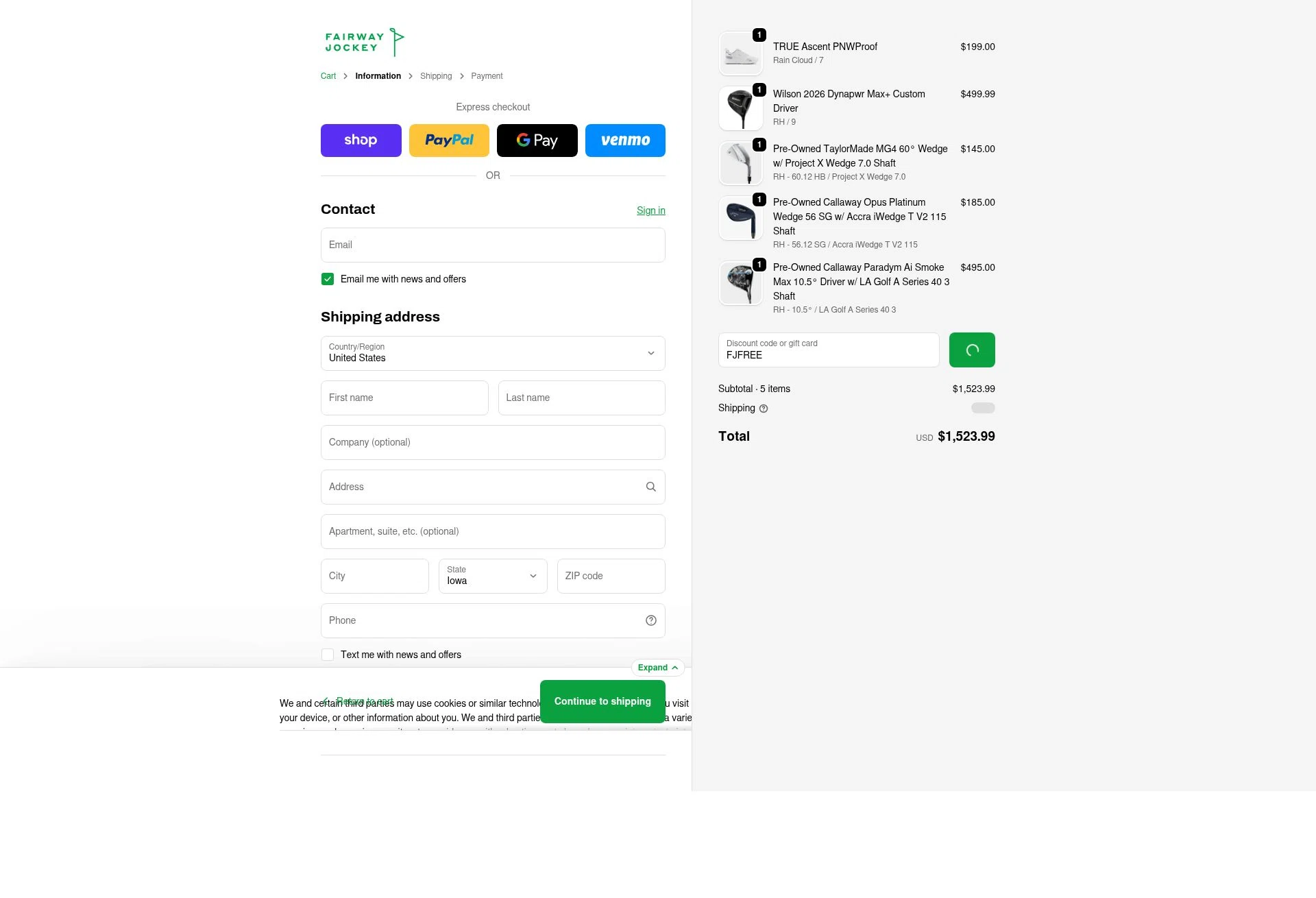 Fairway Jockey checkout page showing Fairway Jockey discount code box | Screenshot taken by SimplyCodes community member on Feb 6, 2026