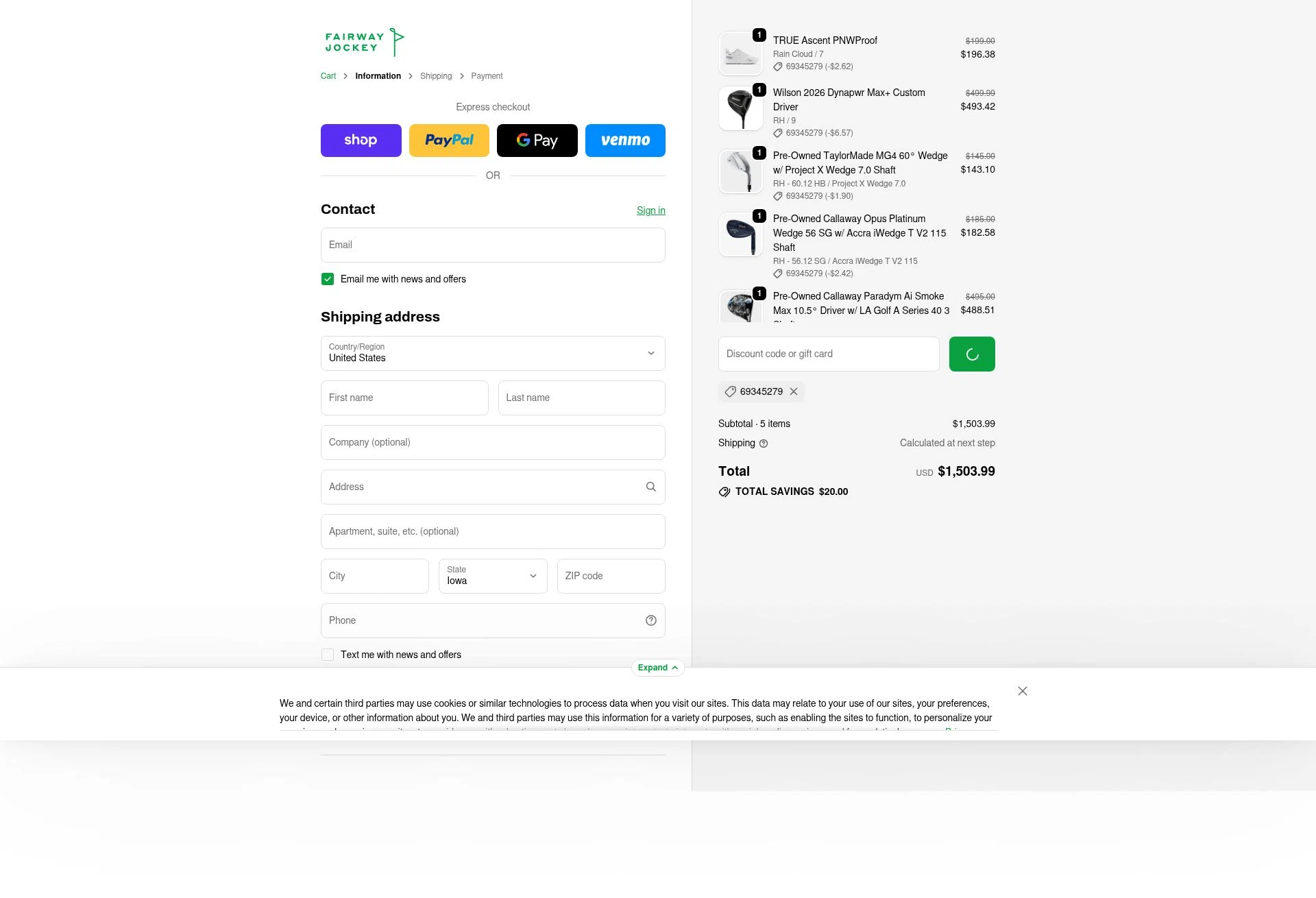 Fairway Jockey checkout page showing Fairway Jockey discount code box | Screenshot taken by SimplyCodes community member on Feb 6, 2026
