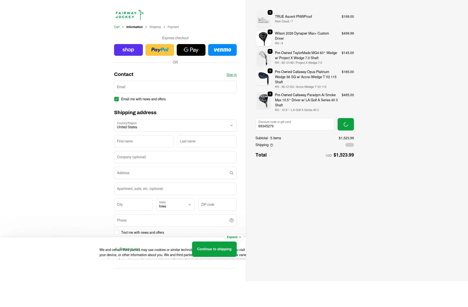 Fairway Jockey checkout page showing Fairway Jockey discount code box | Screenshot taken by SimplyCodes community member on Feb 2, 2026