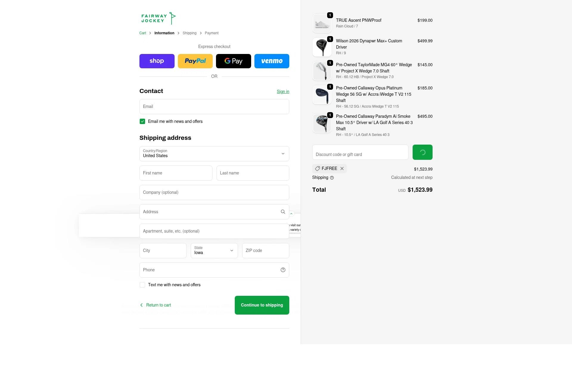 Fairway Jockey checkout page showing Fairway Jockey discount code box | Screenshot taken by SimplyCodes community member on Feb 2, 2026