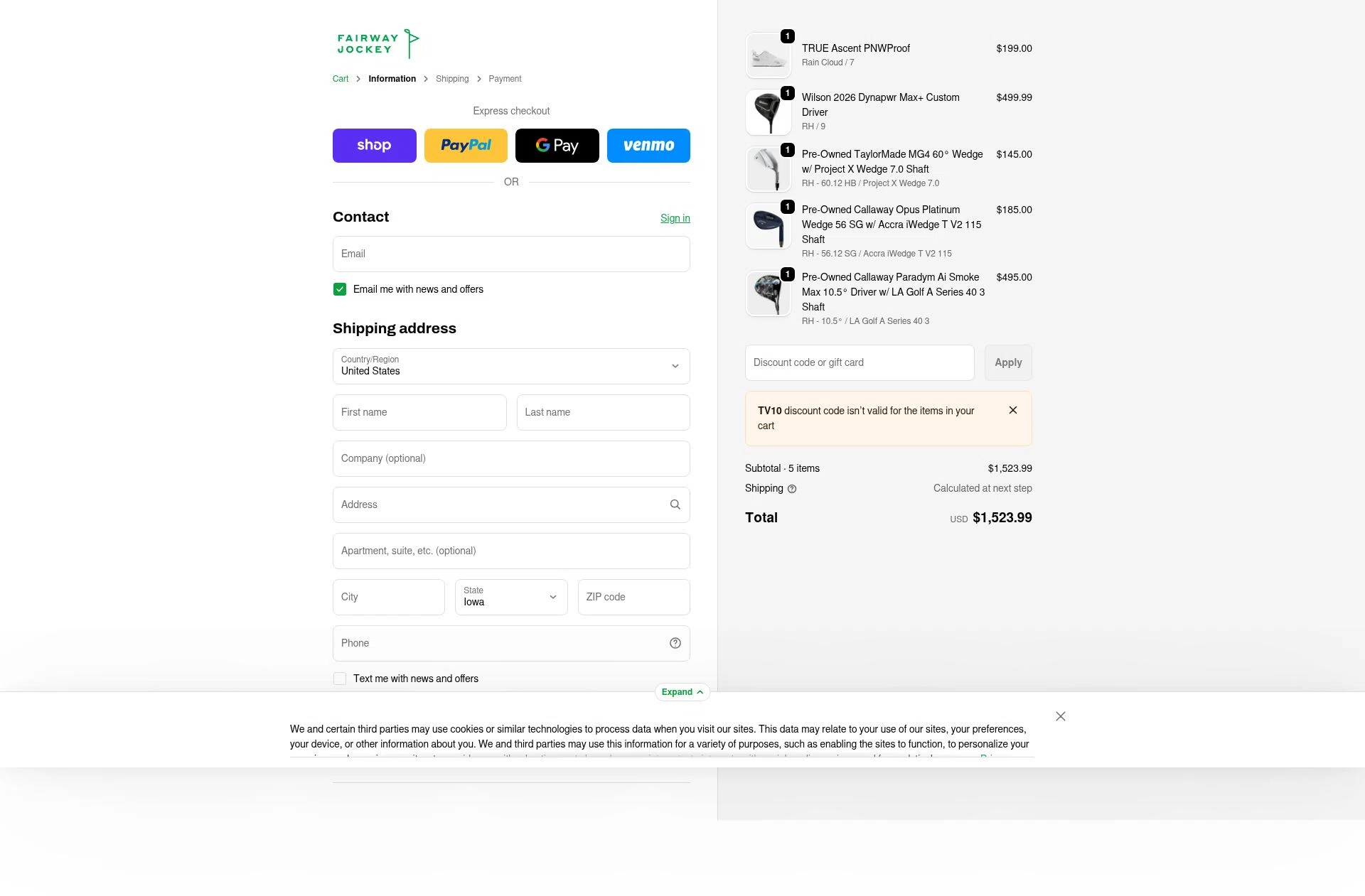 Fairway Jockey checkout page showing Fairway Jockey discount code box | Screenshot taken by SimplyCodes community member on Feb 2, 2026