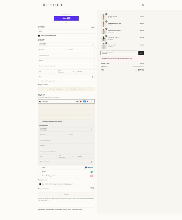 Faithfull The Brand checkout page showing Faithfull The Brand discount code box | Screenshot taken by SimplyCodes community member on May 21, 2025