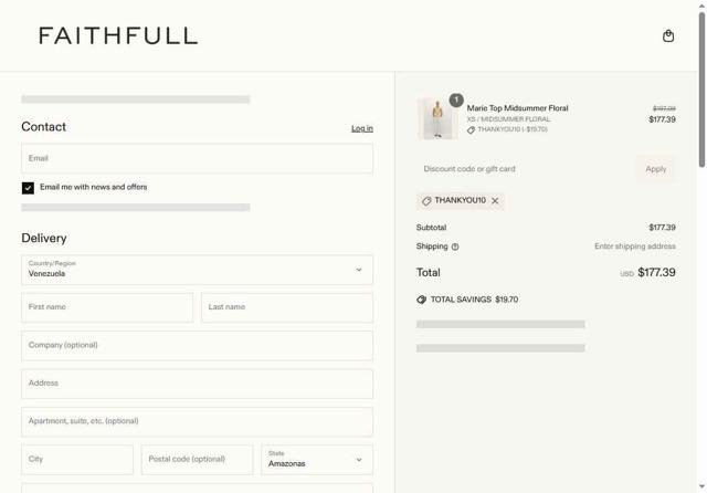Faithfull The Brand checkout page showing Faithfull The Brand discount code box | Screenshot taken by SimplyCodes community member on May 18, 2025