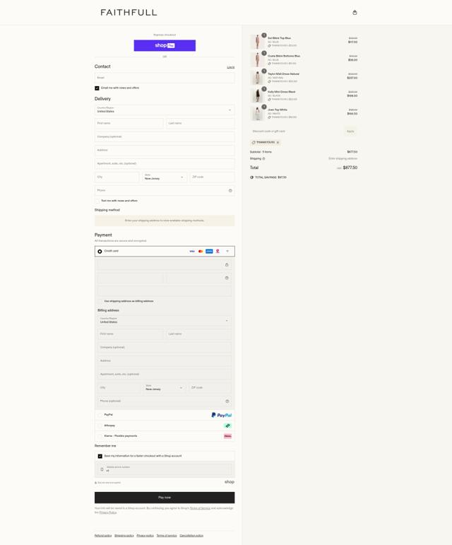 Faithfull The Brand checkout page showing Faithfull The Brand discount code box | Screenshot taken by SimplyCodes community member on May 21, 2025