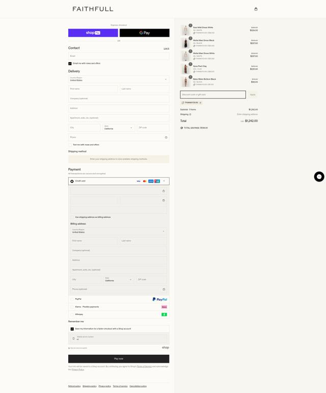 Faithfull The Brand checkout page showing Faithfull The Brand discount code box | Screenshot taken by SimplyCodes community member on Jun 20, 2025