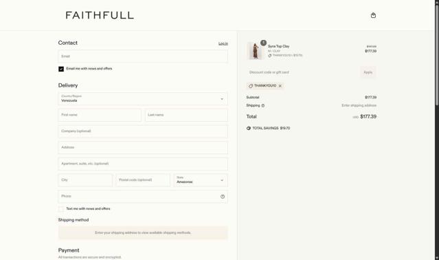 Faithfull The Brand checkout page showing Faithfull The Brand discount code box | Screenshot taken by SimplyCodes community member on Jun 9, 2025