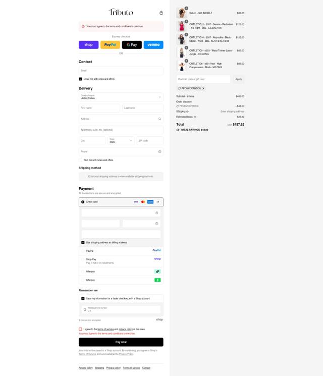 Fajas Tributo checkout page showing Fajas Tributo discount code box | Screenshot taken by SimplyCodes community member on Sep 10, 2025