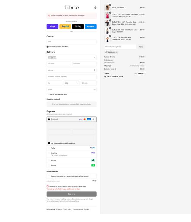 Fajas Tributo checkout page showing Fajas Tributo discount code box | Screenshot taken by SimplyCodes community member on Sep 10, 2025