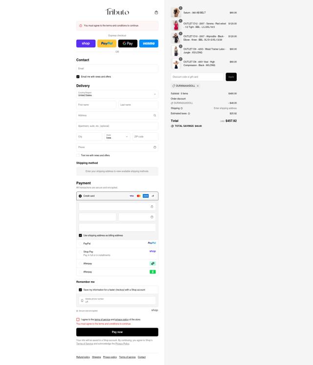 Fajas Tributo checkout page showing Fajas Tributo discount code box | Screenshot taken by SimplyCodes community member on Sep 10, 2025