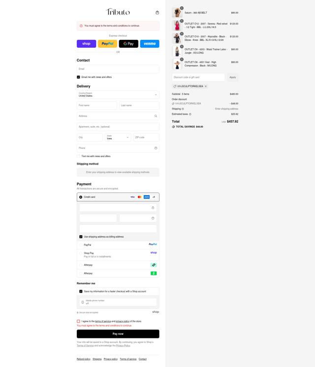 Fajas Tributo checkout page showing Fajas Tributo discount code box | Screenshot taken by SimplyCodes community member on Sep 10, 2025