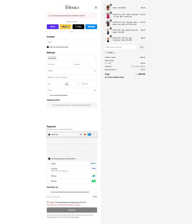 Fajas Tributo checkout page showing Fajas Tributo discount code box | Screenshot taken by SimplyCodes community member on Sep 10, 2025