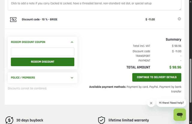 Falco Holsters checkout page showing Falco Holsters discount code box | Screenshot taken by SimplyCodes community member on Aug 29, 2025