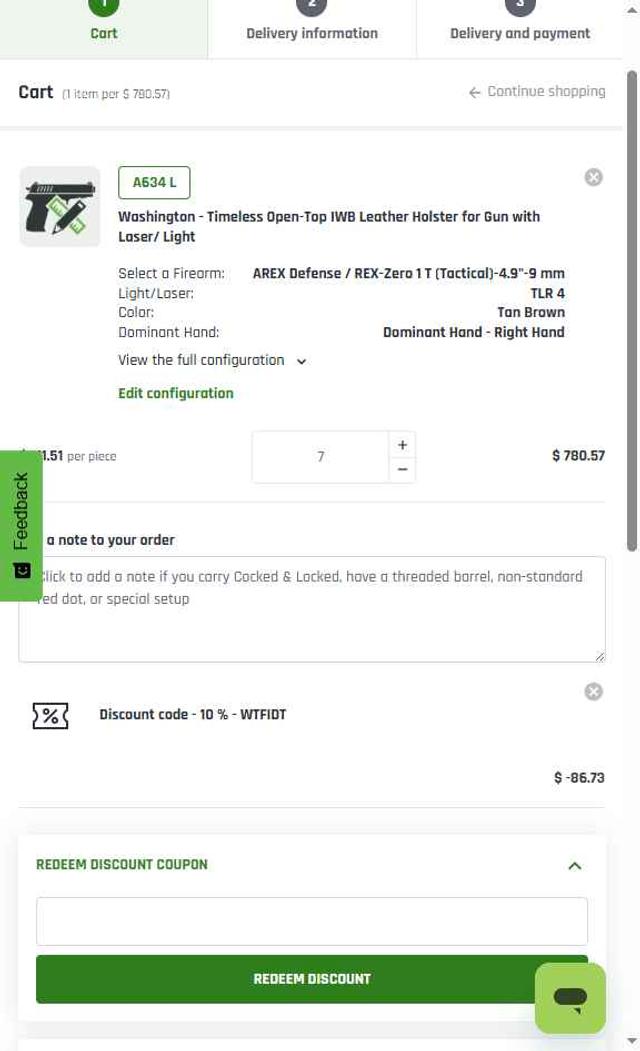 Falco Holsters checkout page showing Falco Holsters discount code box | Screenshot taken by SimplyCodes community member on Aug 5, 2025