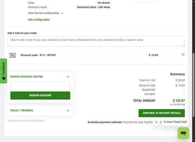 Falco Holsters checkout page showing Falco Holsters discount code box | Screenshot taken by SimplyCodes community member on Aug 28, 2025